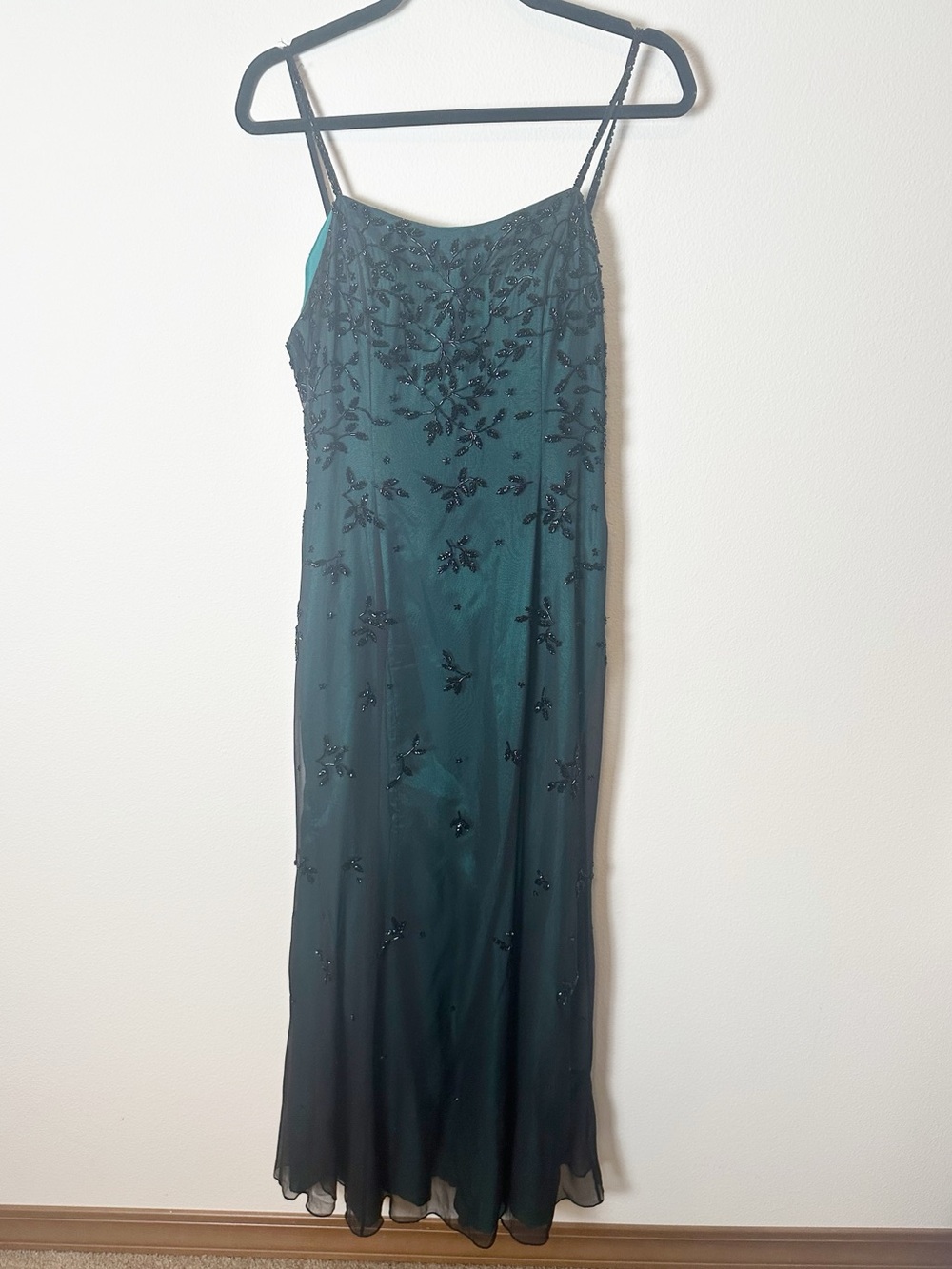 Vintage Cache 100% Silk Beaded Layered Maxi Dress Black Emerald Green 12